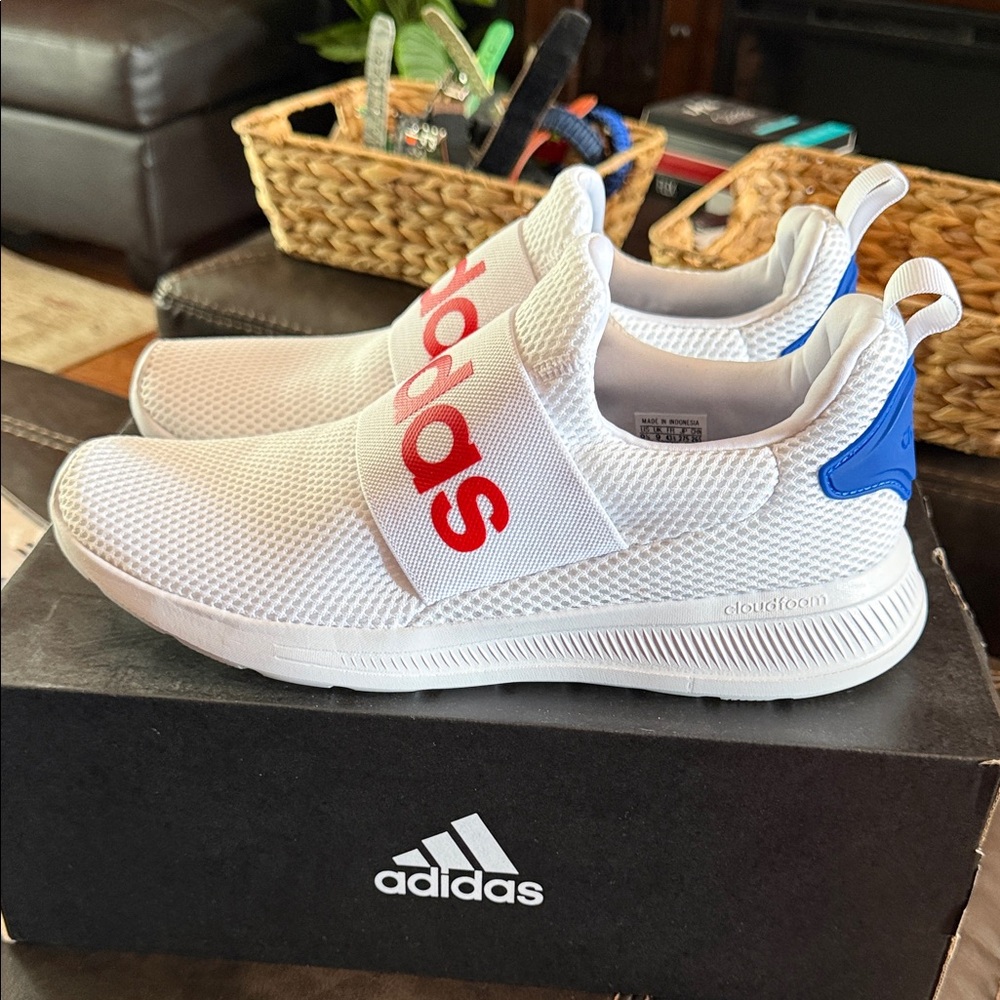 Men’s Adudas White Sneakers with Red Logo and Blue Heel